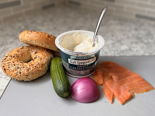 Ingredients for bagel breakfast sandwich recipe.