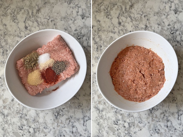 Ground turkey in a bowl with turkey seasonings on top on the left side, mixed spiced ground turkey in a bowl on the right side. 